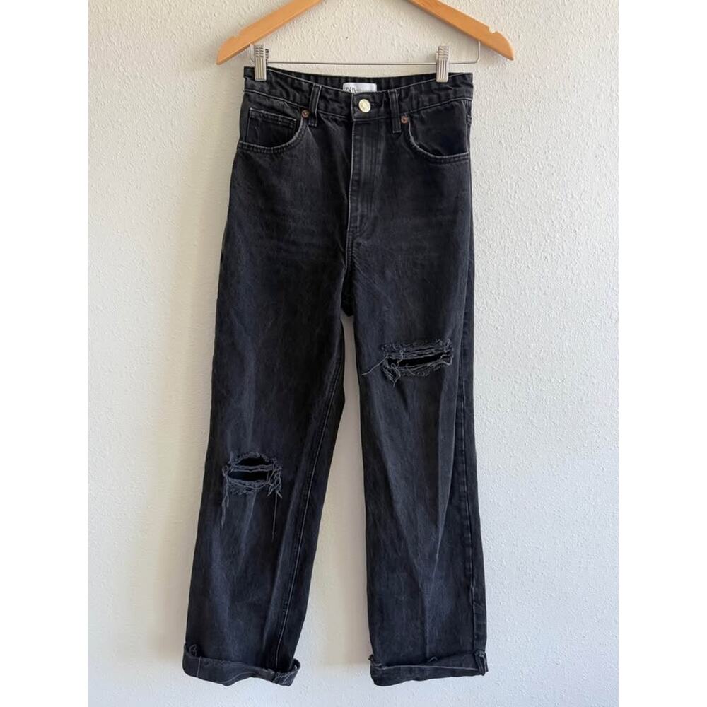 Zara Ripped Wide Leg Jeans Black Size 4 Denim High Rise Distressed Raw Hem